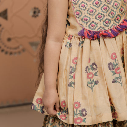 Beige Hand Block Printed Peplum Kurta Sharara Set for Girls