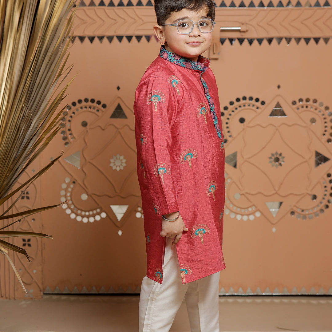 Pink Block Printed Kurta Set with Pajama for Boys