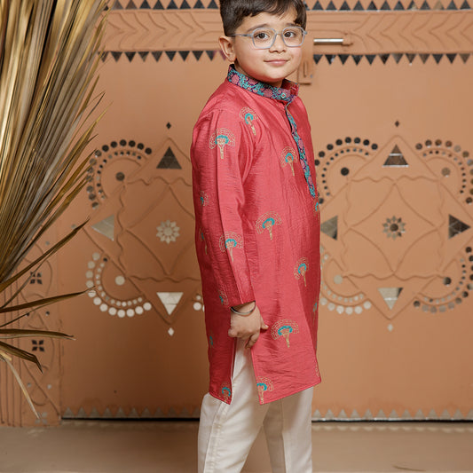 Pink Block Printed Kurta Set with Pajama for Boys