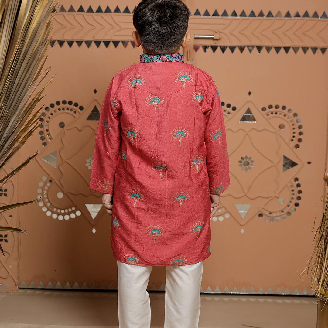 Pink Block Printed Kurta Set with Pajama for Boys
