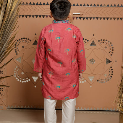 Pink Block Printed Kurta Set with Pajama for Boys