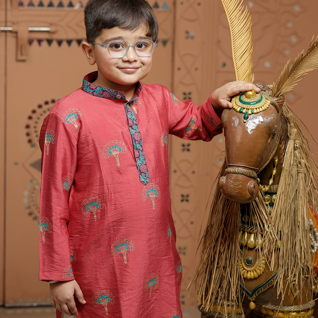 Pink Block Printed Kurta Set with Pajama for Boys