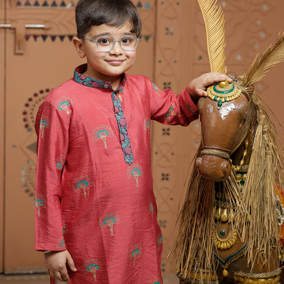 Pink Block Printed Kurta Set with Pajama for Boys
