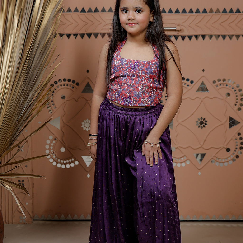 Floral Block Printed Corset Top with Sharara for Girls