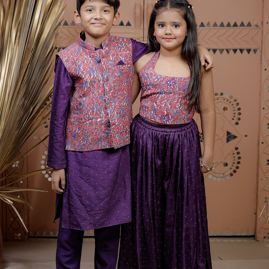 Purple Kurta Set with Floral Nehru Jacket for Boys
