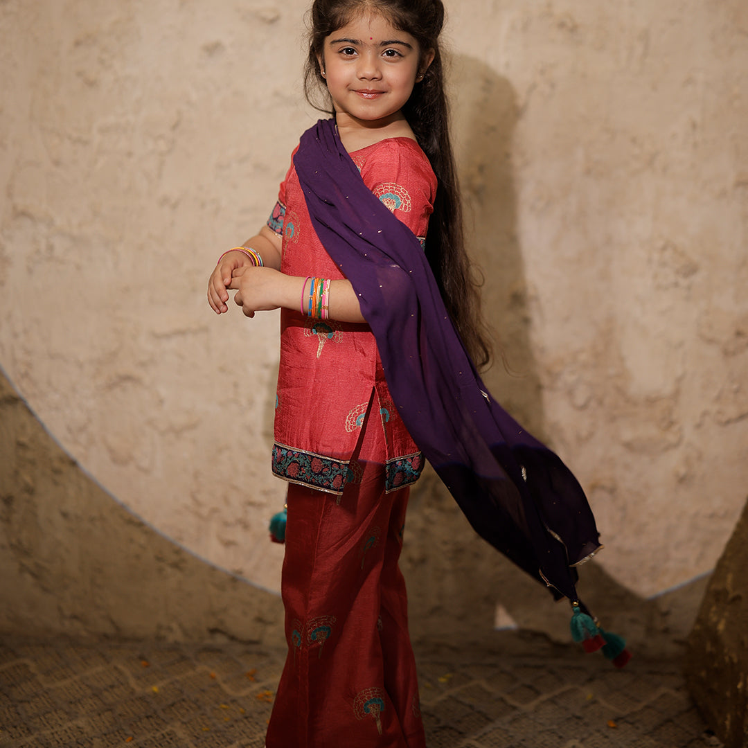 Pink Hand Block Printed Kurta Pant Set with Dupatta for Girls
