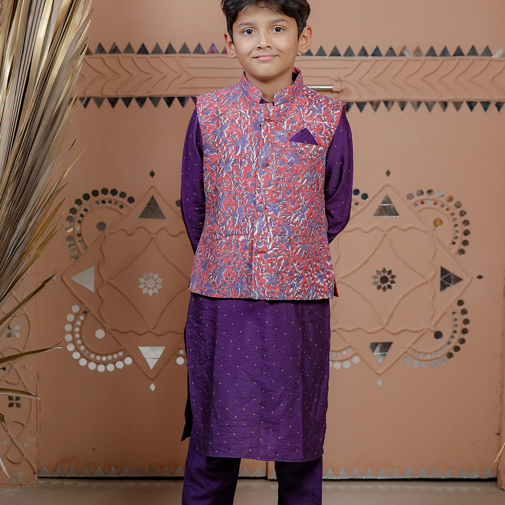 Purple Kurta Set with Floral Nehru Jacket for Boys