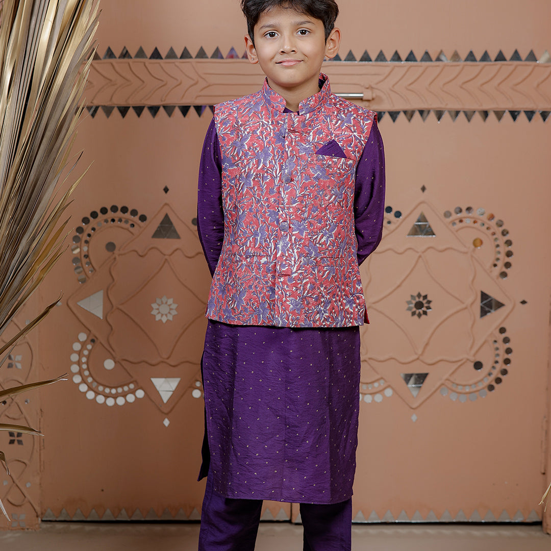 Purple Kurta Set with Floral Nehru Jacket for Boys