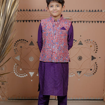 Purple Kurta Set with Floral Nehru Jacket for Boys