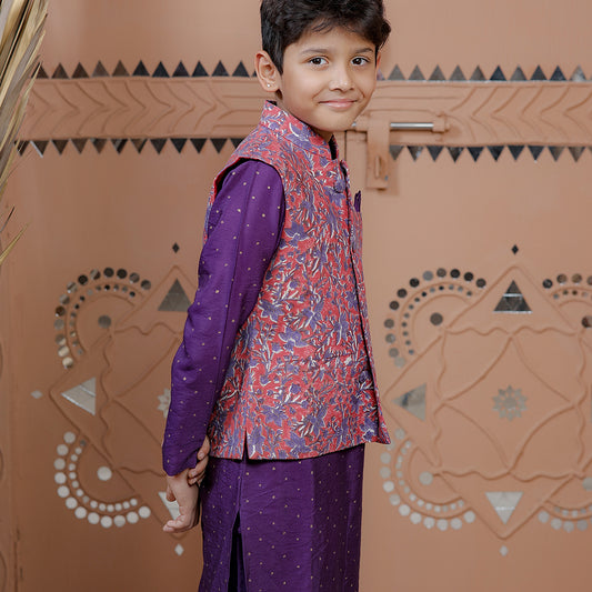 Purple Kurta Set with Floral Nehru Jacket for Boys
