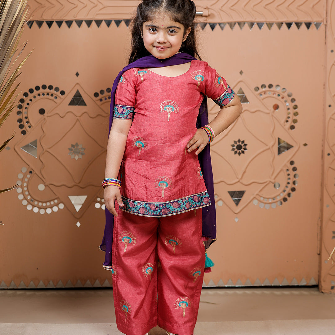 Pink Hand Block Printed Kurta Pant Set with Dupatta for Girls