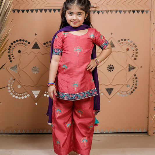 Pink Hand Block Printed Kurta Pant Set with Dupatta for Girls