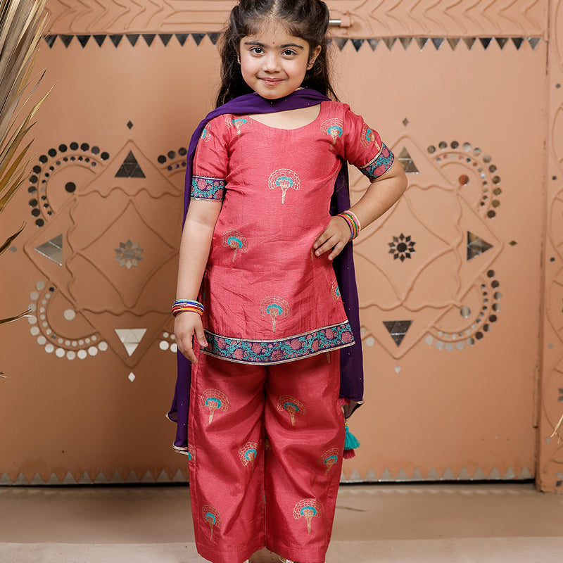 Pink Hand Block Printed Kurta Pant Set with Dupatta for Girls