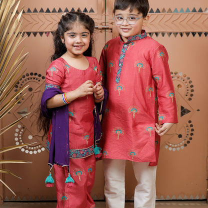 Pink Block Printed Kurta Set with Pajama for Boys