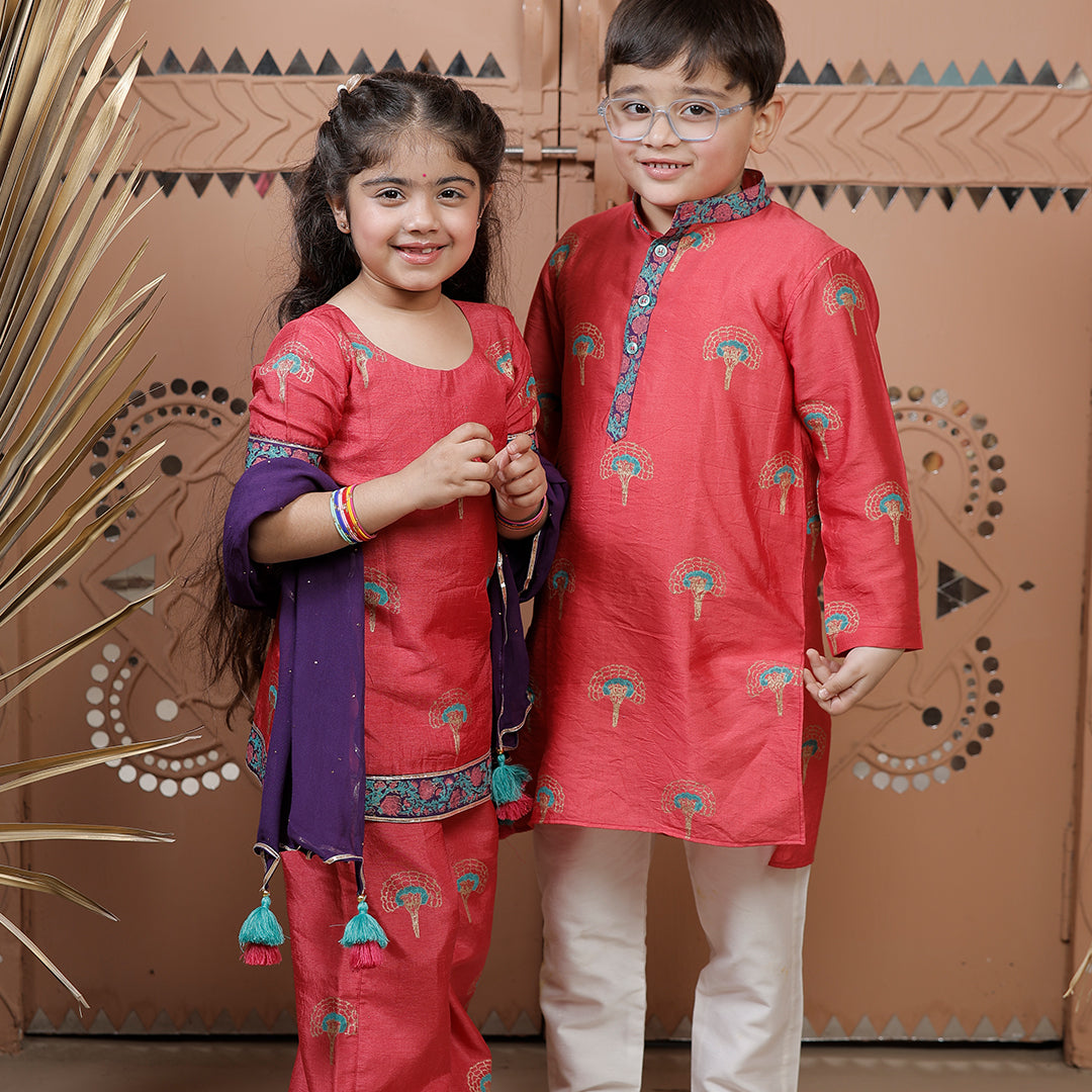 Pink Hand Block Printed Kurta Pant Set with Dupatta for Girls
