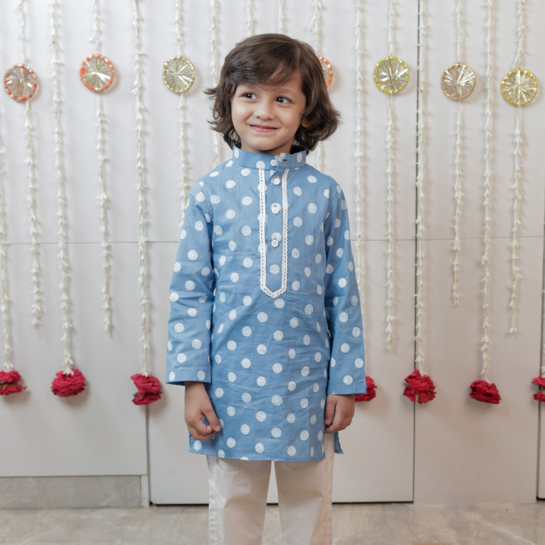 Sky Blue Polka Dot Hand Block Printed Kurta Set for Boys