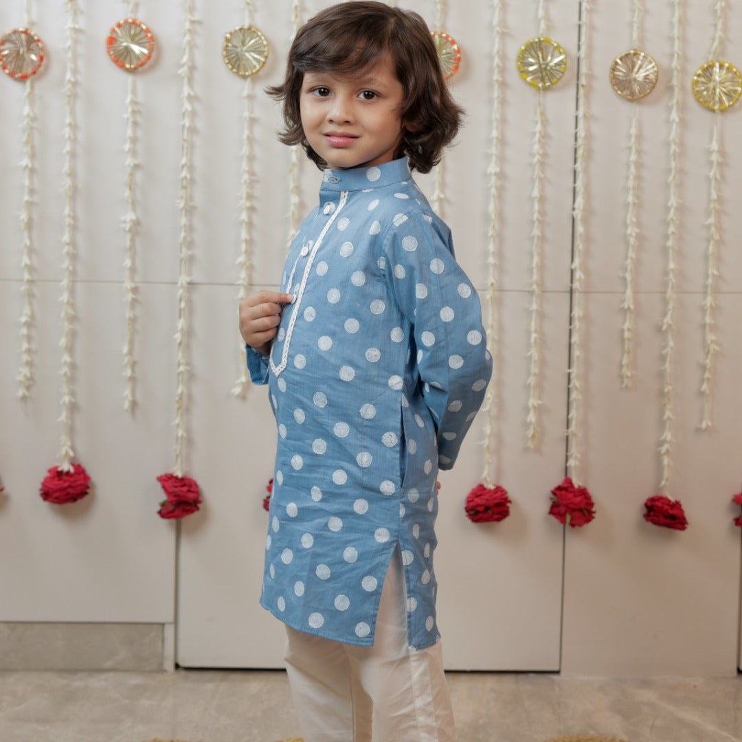 Sky Blue Polka Dot Hand Block Printed Kurta Set for Boys