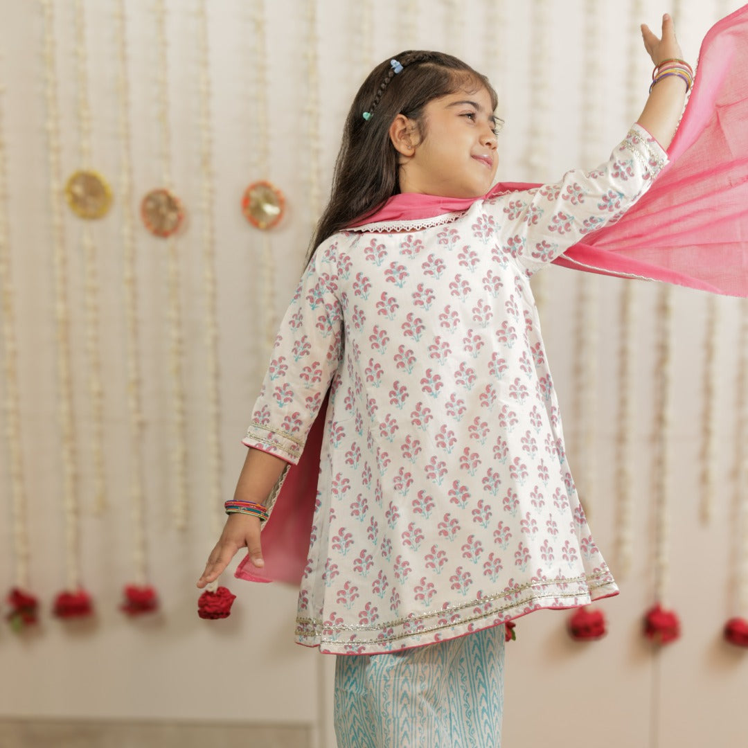 White Paisley Hand Block Printed Farshi Salwar Set for Girls