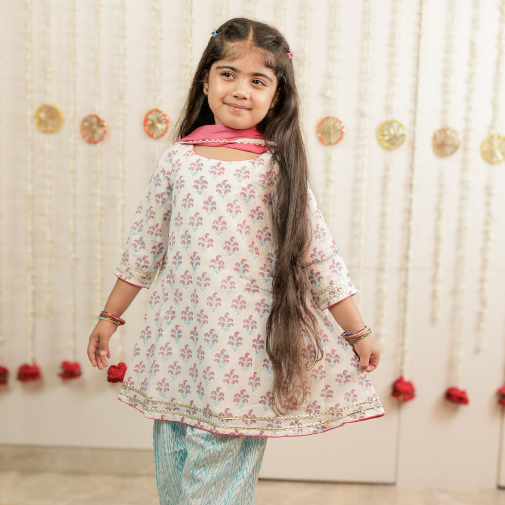 White Paisley Hand Block Printed Farshi Salwar Set for Girls