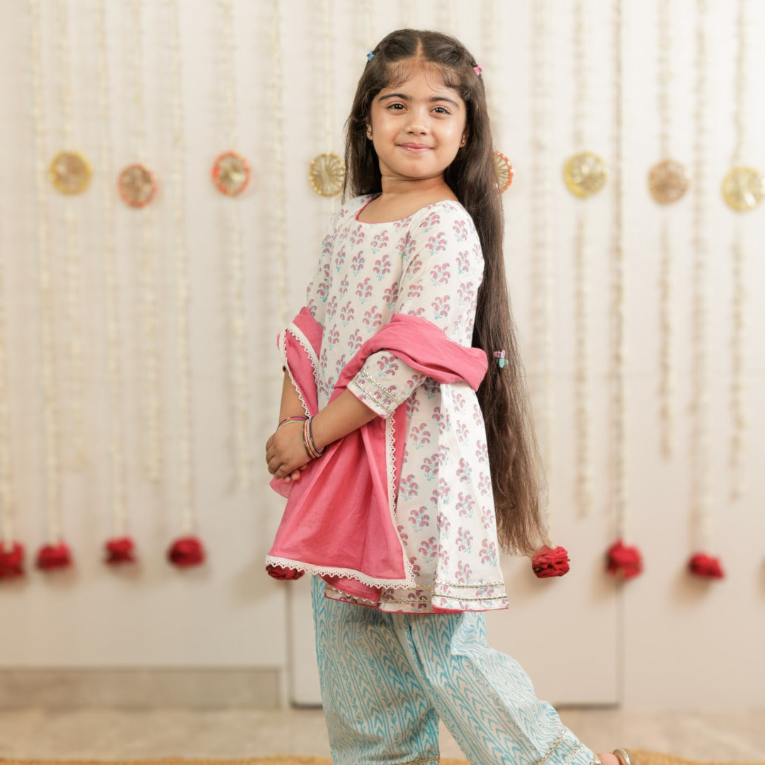 White Paisley Hand Block Printed Farshi Salwar Set for Girls