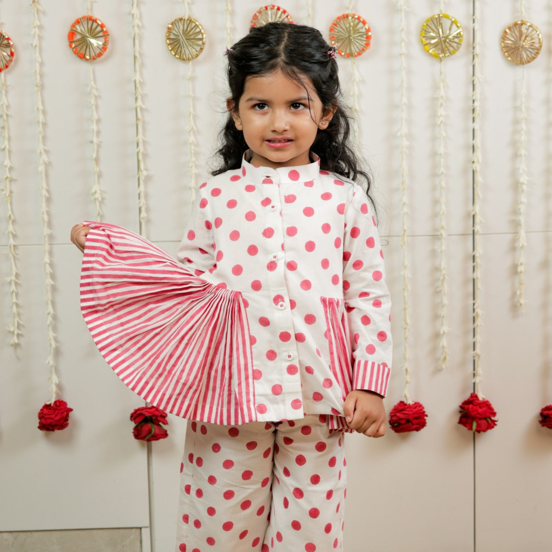 Classic Polka Hand Block Printed Peplum Top Pants Set for Girls