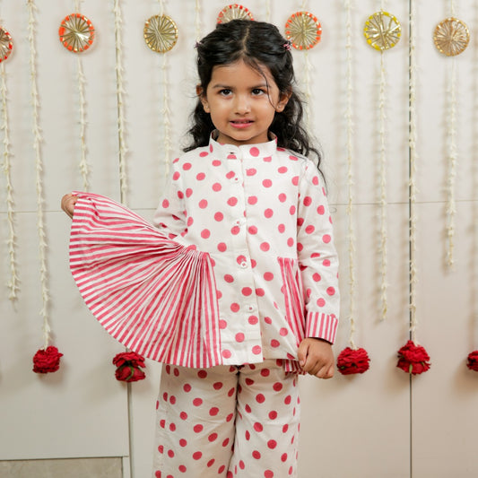 Classic Polka Hand Block Printed Peplum Top Pants Set for Girls