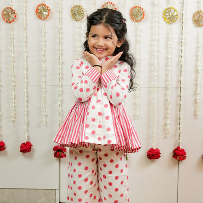 Classic Polka Hand Block Printed Peplum Top Pants Set for Girls