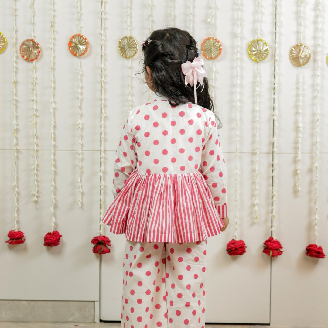Classic Polka Hand Block Printed Peplum Top Pants Set for Girls