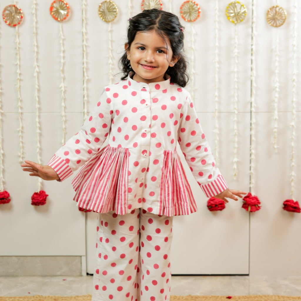 Classic Polka Hand Block Printed Peplum Top Pants Set for Girls
