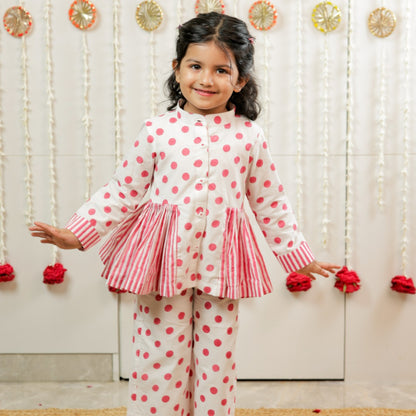 Classic Polka Hand Block Printed Peplum Top Pants Set for Girls
