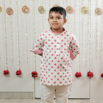 Classic White Polka Hand Block Printed Kurta Set for Boys