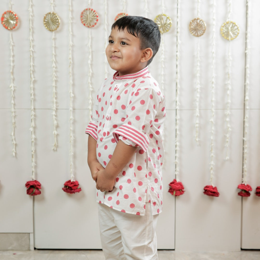 Classic White Polka Hand Block Printed Kurta Set for Boys