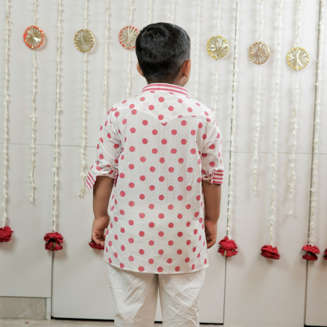 Classic White Polka Hand Block Printed Kurta Set for Boys