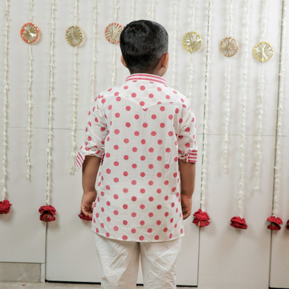 Classic White Polka Hand Block Printed Kurta Set for Boys