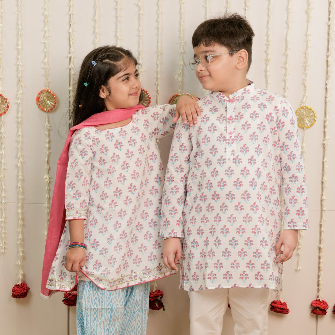 White Paisley Hand Block Printed Kurta Set for Boys