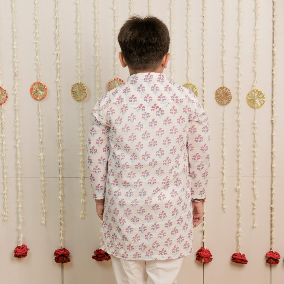White Paisley Hand Block Printed Kurta Set for Boys