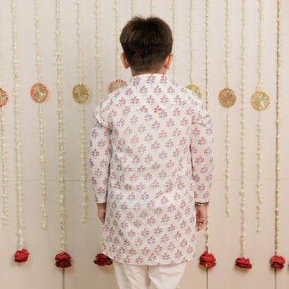 White Paisley Hand Block Printed Kurta Set for Boys
