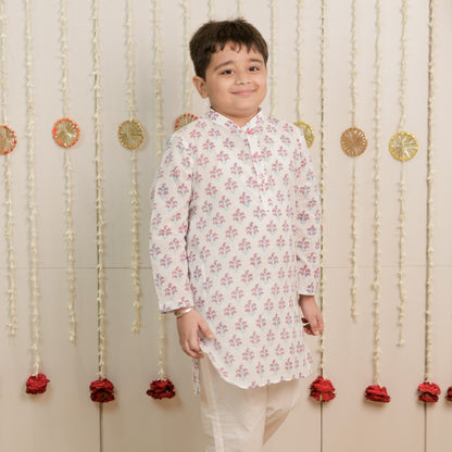 White Paisley Hand Block Printed Kurta Set for Boys