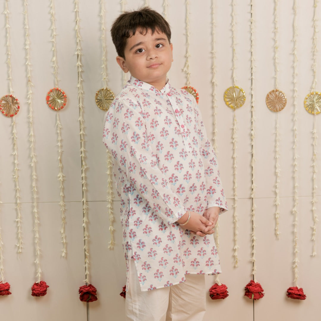 White Paisley Hand Block Printed Kurta Set for Boys