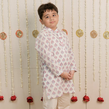 White Paisley Hand Block Printed Kurta Set for Boys