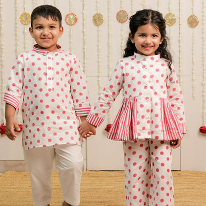 Classic Polka Hand Block Printed Peplum Top Pants Set for Girls