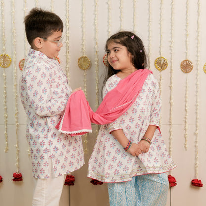 White Paisley Hand Block Printed Farshi Salwar Set for Girls