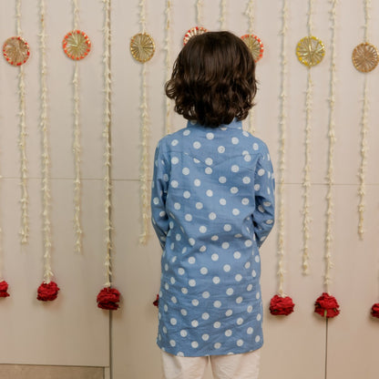 Sky Blue Polka Dot Hand Block Printed Kurta Set for Boys