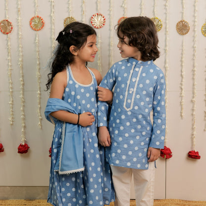 Sky Blue Polka Dot Hand Block Printed Kurta Set for Boys