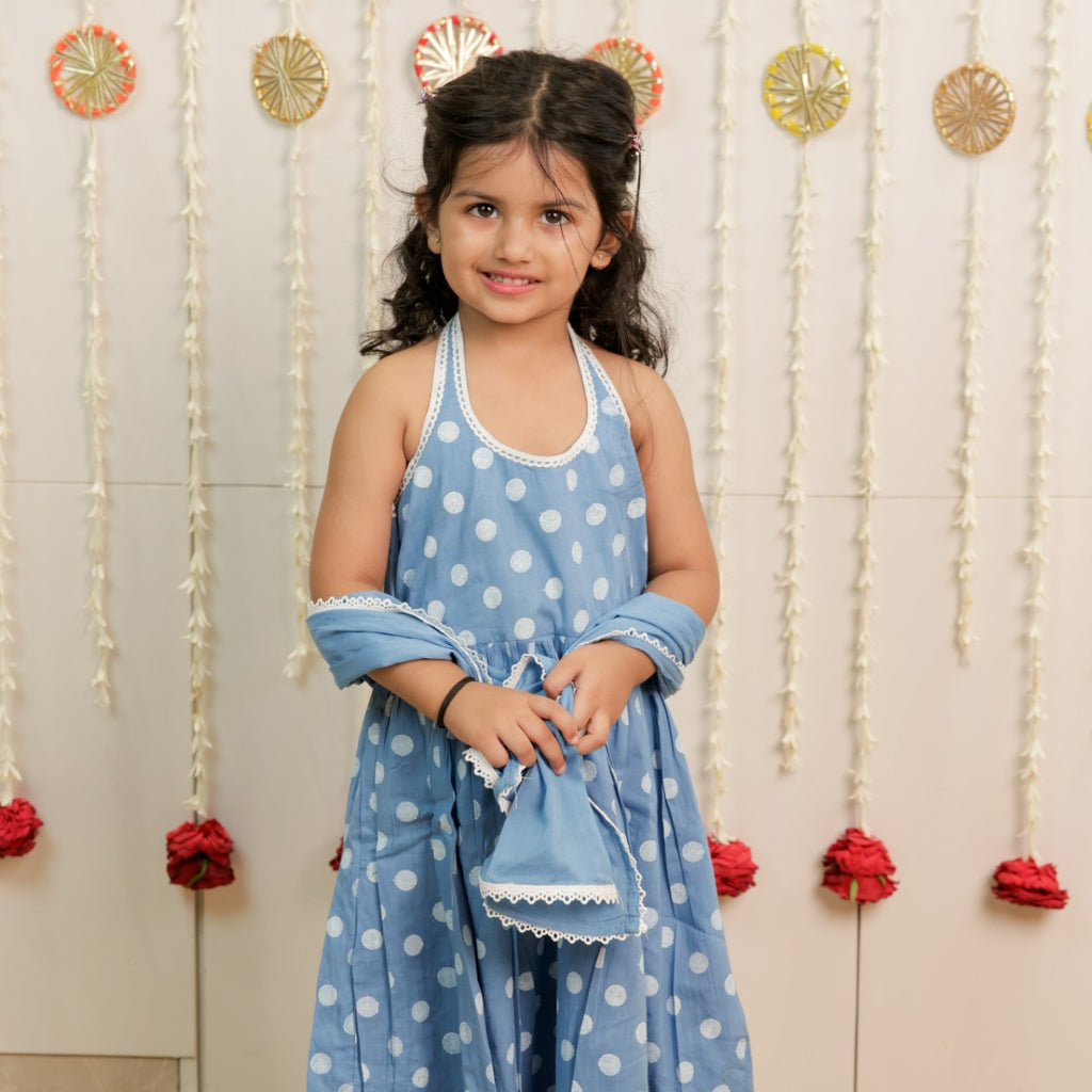 Sky Blue Polka Dot Hand Block Printed Kurta Set with Dupatta for Girls