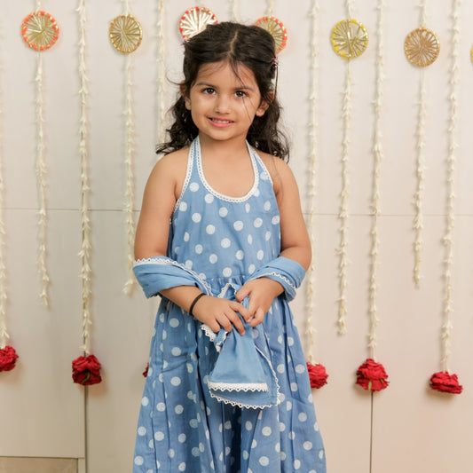 Sky Blue Polka Dot Hand Block Printed Kurta Set with Dupatta for Girls