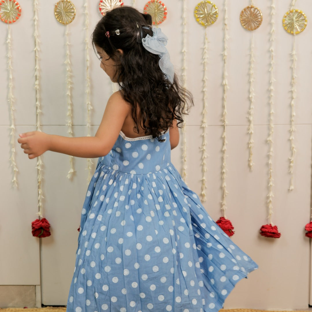 Sky Blue Polka Dot Hand Block Printed Kurta Set with Dupatta for Girls