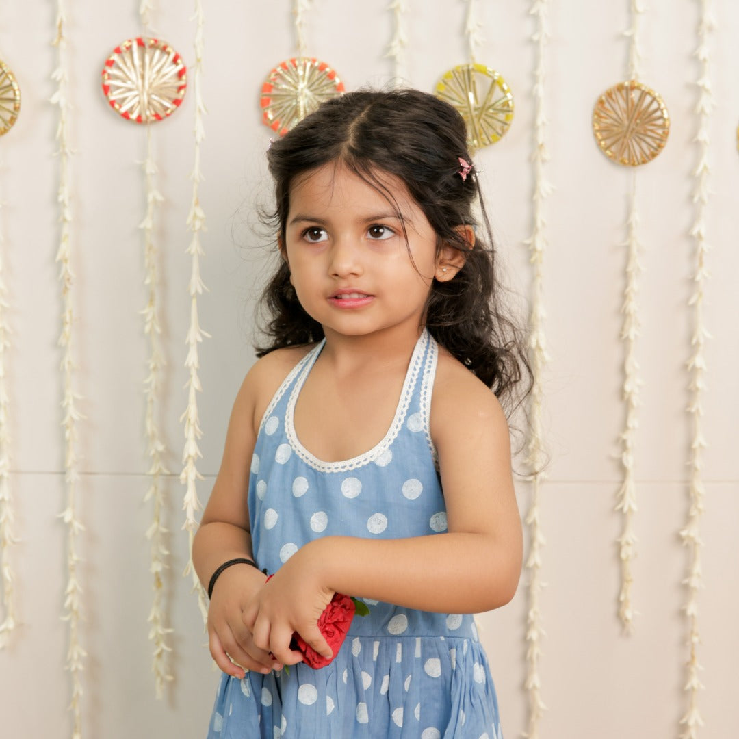 Sky Blue Polka Dot Hand Block Printed Kurta Set with Dupatta for Girls