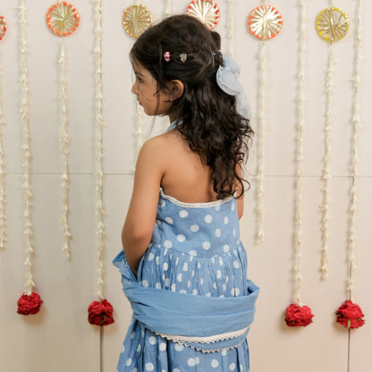 Sky Blue Polka Dot Hand Block Printed Kurta Set with Dupatta for Girls