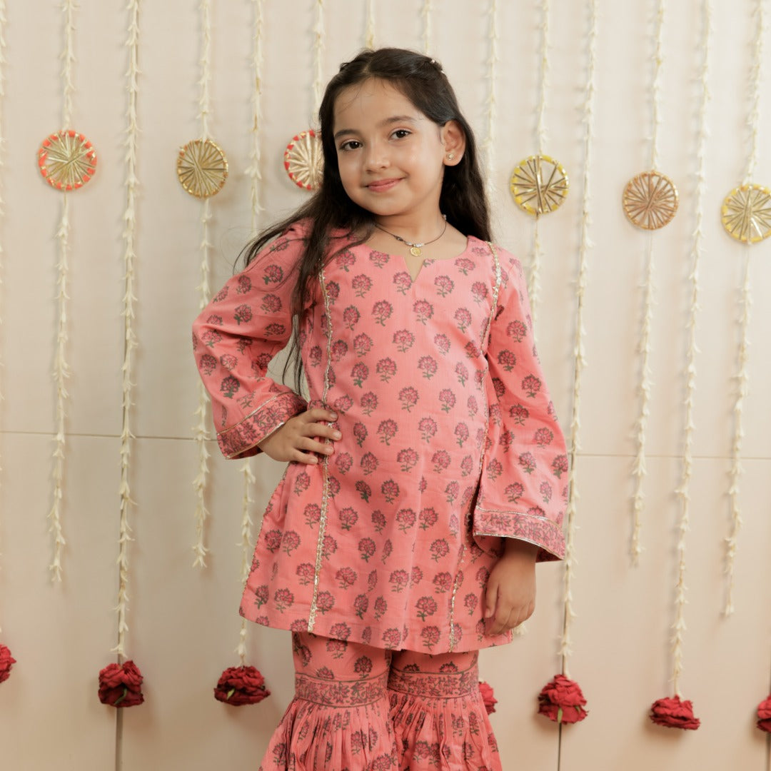 Blush Bloom Hand Block Printed Garara Set for Girls